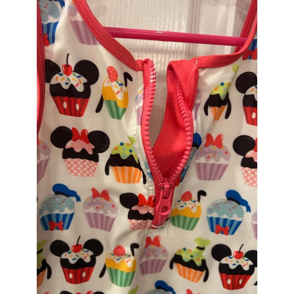 Disney‎ parks Swimsuit White Mickey Minnie Cupcake Print One Piece Zip bin B